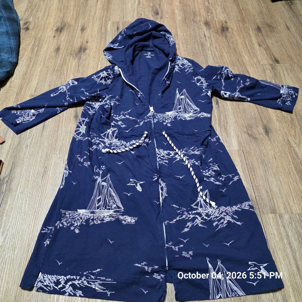 Lands End Navy Nautical Sailboat Zip Front Hooded Swim Cover Up Dress M 10-12